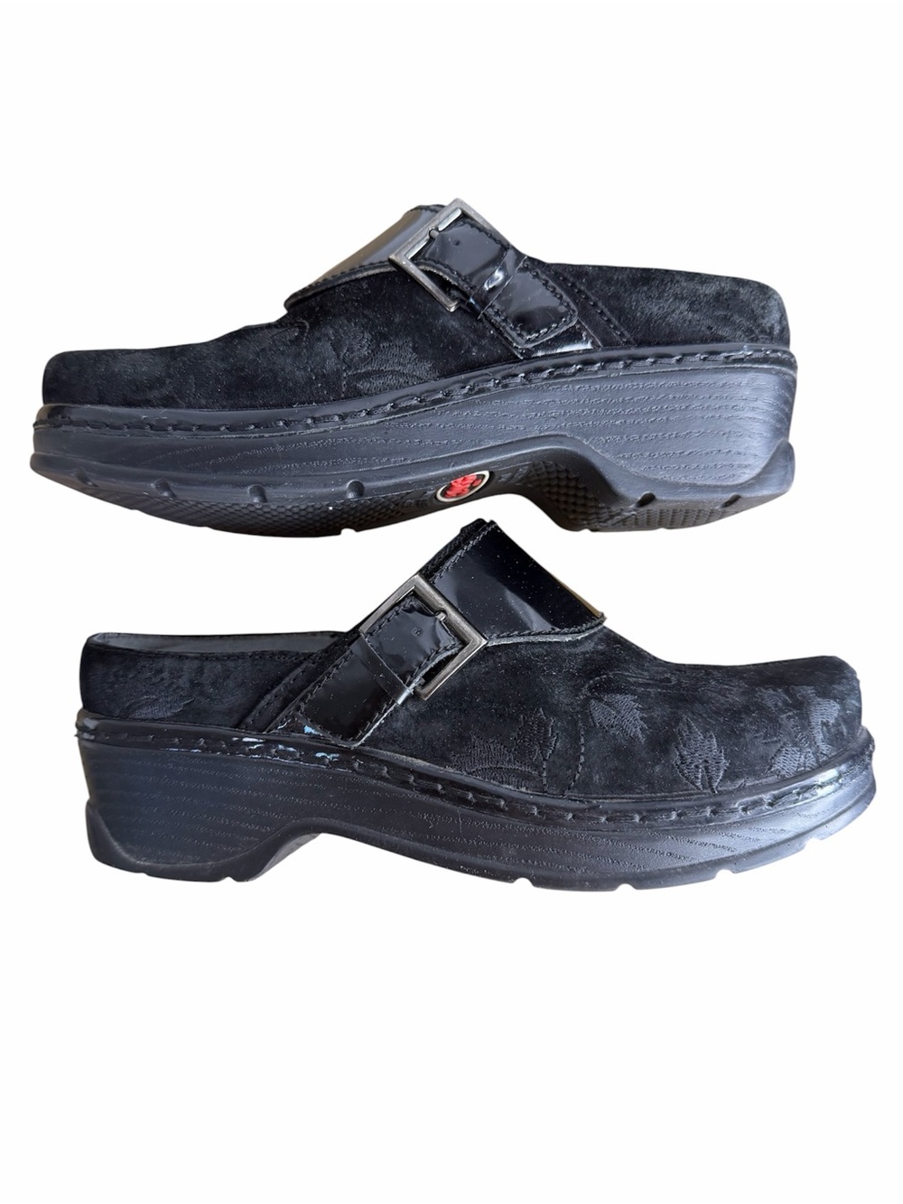 Klogs Austin Clogs size 8M Black Suede Floral Tooled Patent Leather Buckle Shoe